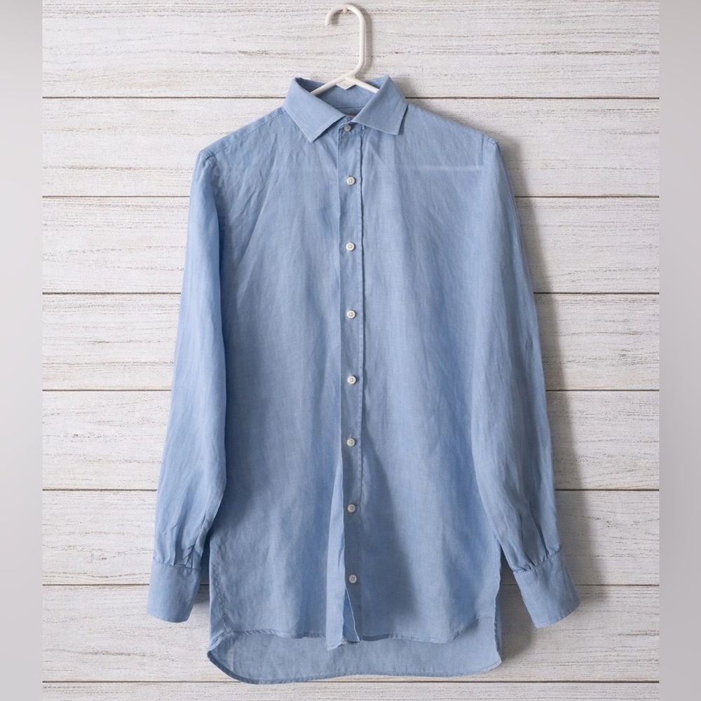 Le Sirenuse Men Shirt Button Up Blue Size M 100% Linen Made In Italy Excellent